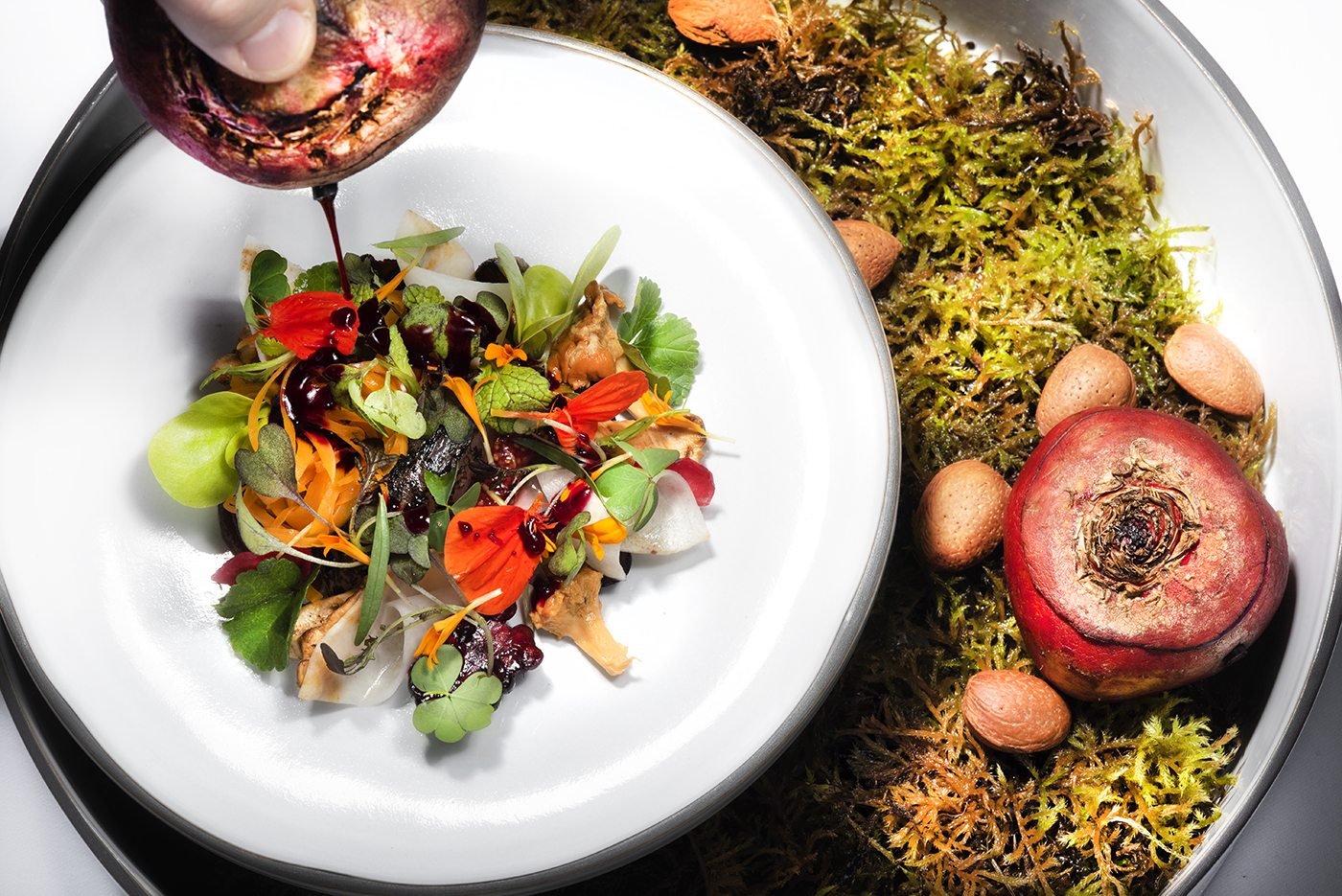 Assiette gastronomique aux fleurs, un vin rouge versé en haut du cadre